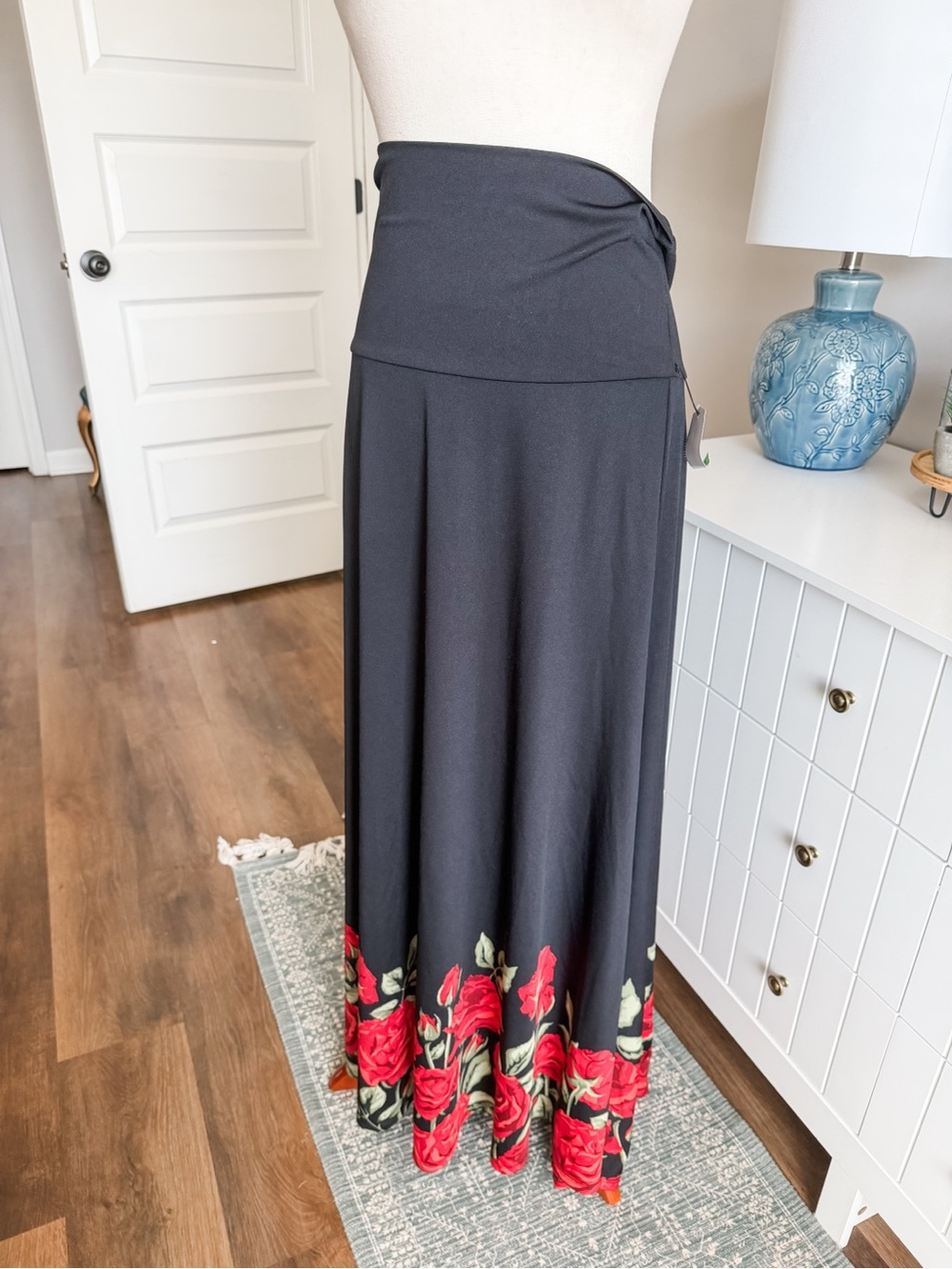 Black Maxi Skirt with Red Rose Border